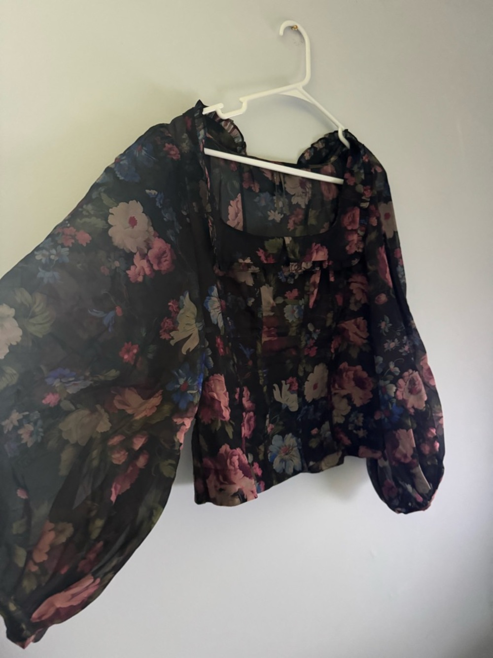 Anthropologie Black Sheer Floral Square-Neck Peasant Blouse - Picture 2 of 4